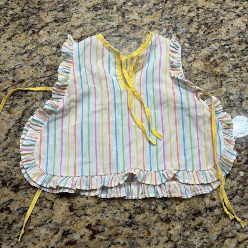 Vintage Handmade Rainbow Stripe Pinafore Top Ruffle Trim Side Tie Kids